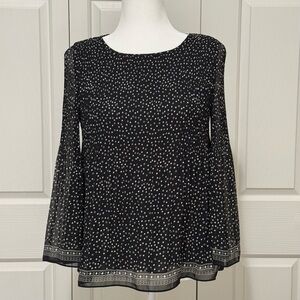 Max Studio XS Polka Dot Pleated Blouse Sheer Bell Sleeves Black White